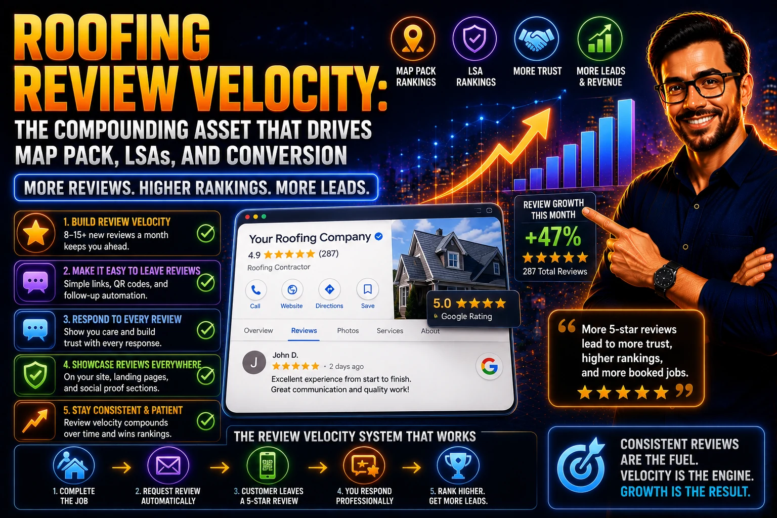 Roofing Review Velocity: The Compounding Asset That Drives Map Pack, LSAs, and Conversion