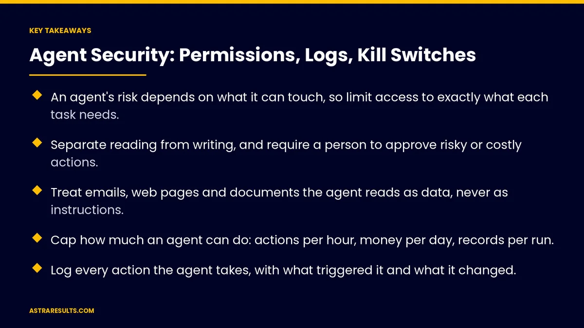 Key takeaways from "Agent Security: Permissions, Logs, Kill Switches" &mdash; Astra Results Marketing