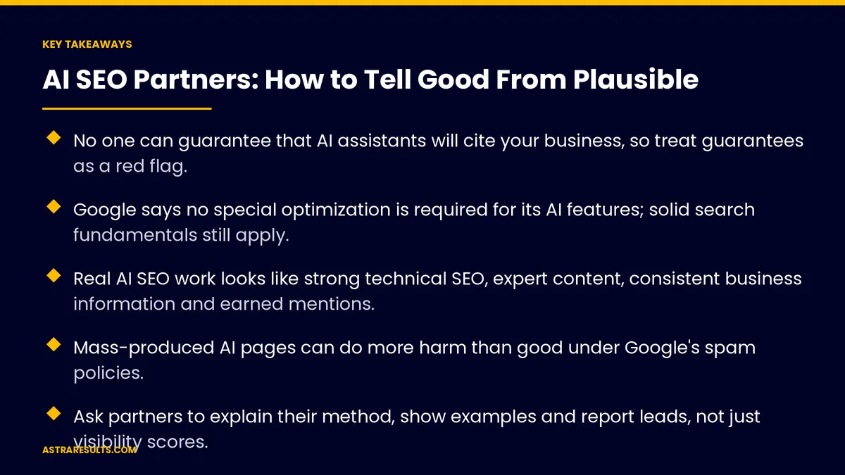 Key takeaways from "AI SEO Partners: How to Tell Good From Plausible" &mdash; Astra Results Marketing