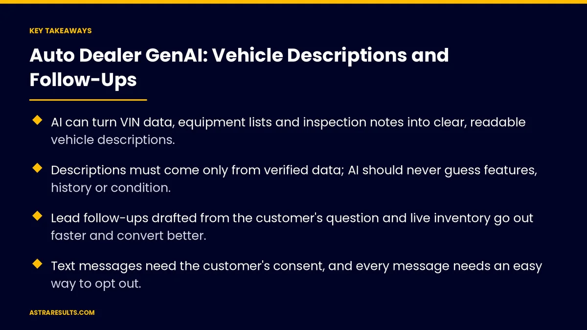 Key takeaways from "Auto Dealer GenAI: Vehicle Descriptions and Follow-Ups"
