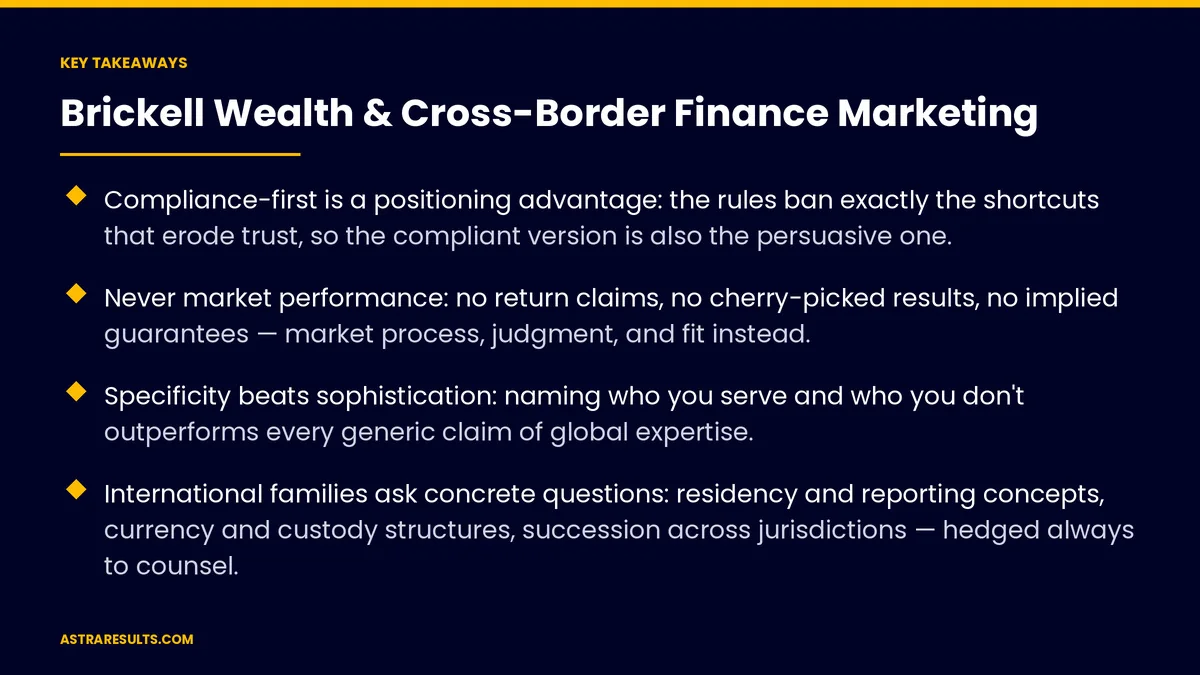 Puntos clave de "Marketing de Patrimonio en Brickell y Finanzas Transfronterizas" — Astra Results Marketing
