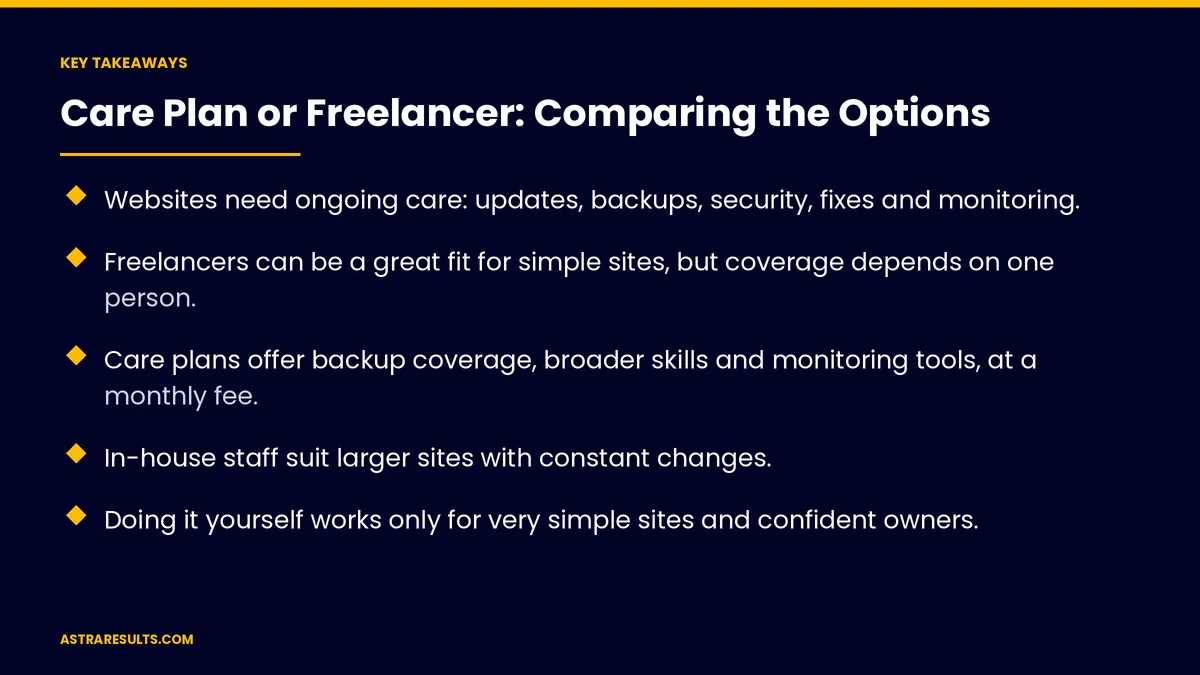 Key takeaways from "Care Plan or Freelancer: Comparing the Options" &mdash; Astra Results Marketing