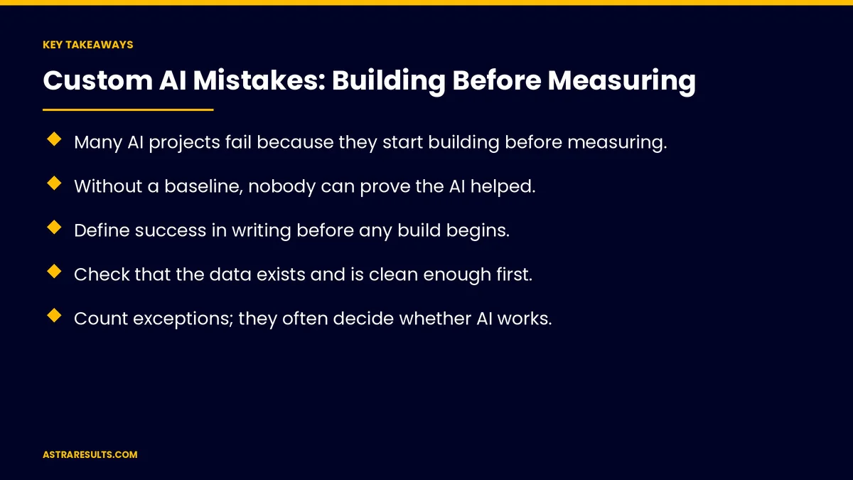 Puntos clave de "Errores en IA a Medida: Construir Antes de Medir" — Astra Results Marketing