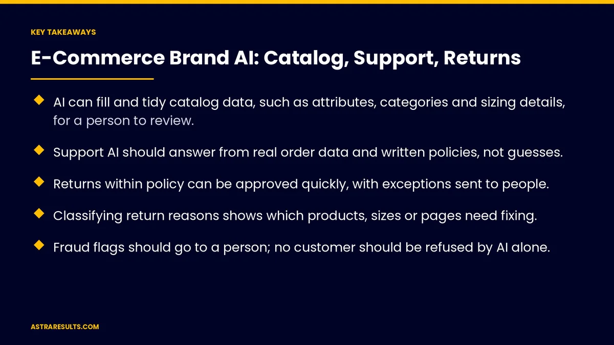 Key takeaways from "E-Commerce Brand AI: Catalog, Support, Returns" &mdash; Astra Results Marketing