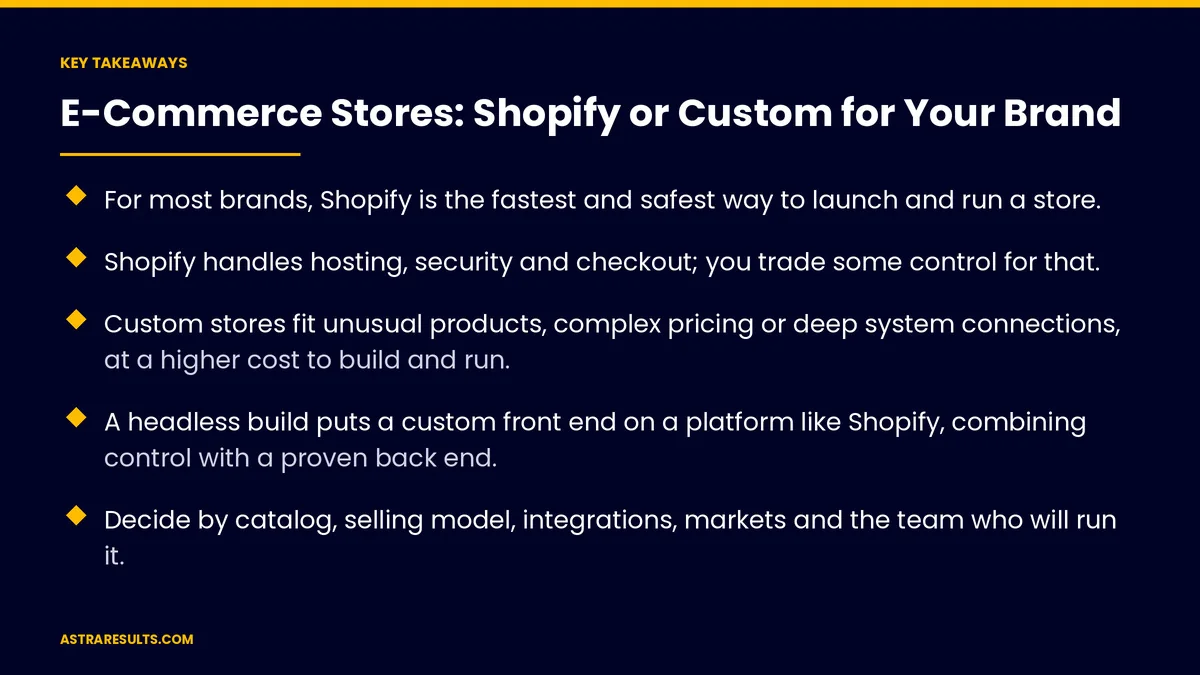 Key takeaways from "E-Commerce Stores: Shopify or Custom for Your Brand" &mdash; Astra Results Marketing