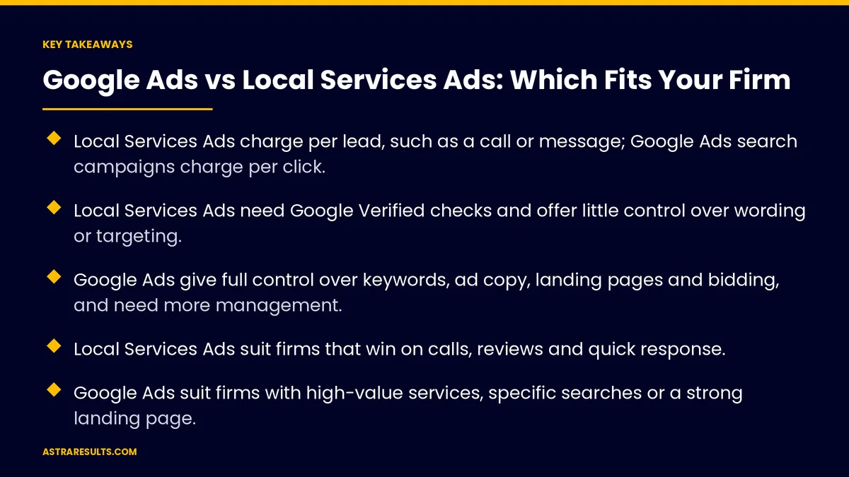Key takeaways from "Google Ads vs Local Services Ads: Which Fits Your Firm"