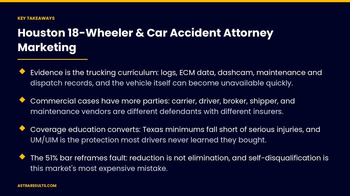 Key takeaways from "Houston 18-Wheeler & Car Accident Attorney Marketing" &mdash; Astra Results Marketing