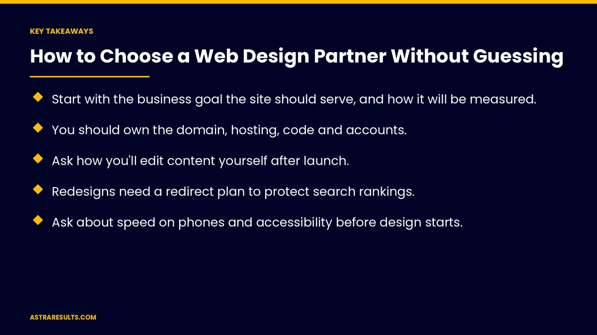 Key takeaways from "How to Choose a Web Design Partner Without Guessing" &mdash; Astra Results Marketing