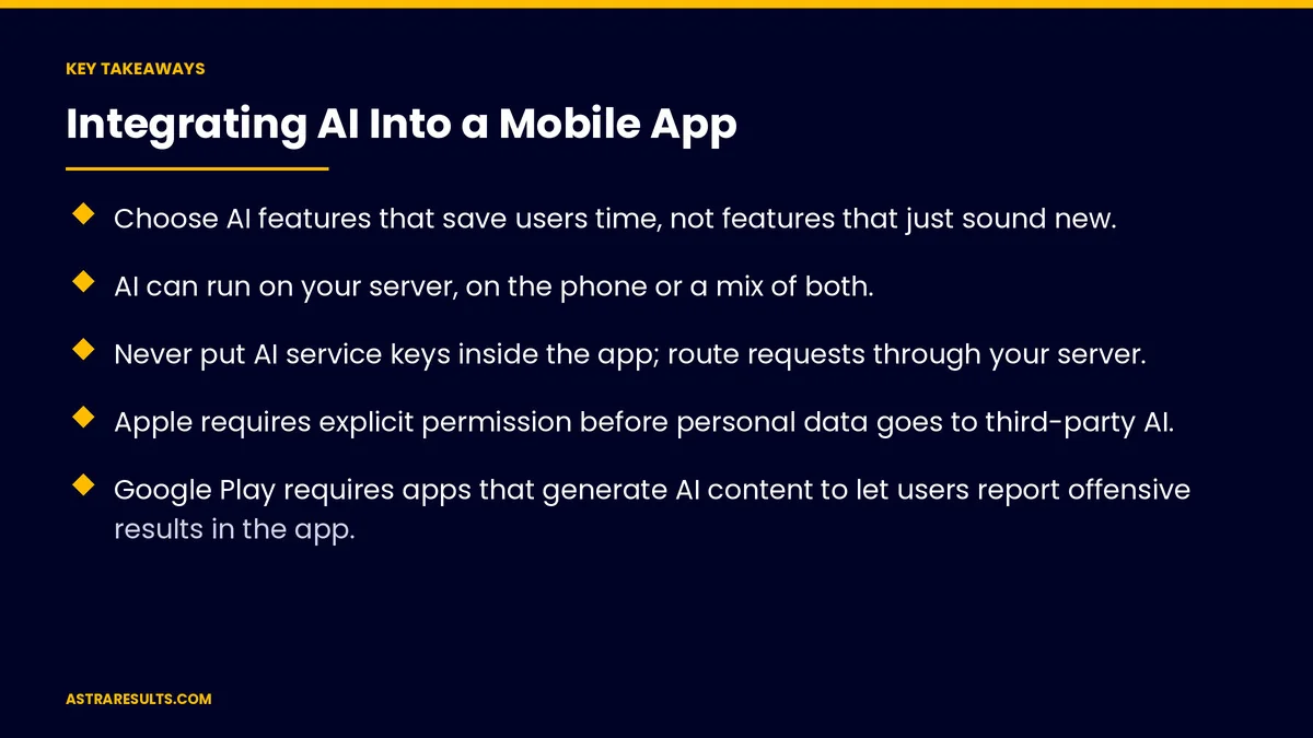 Puntos clave de "Integrar IA en una App Móvil" — Astra Results Marketing