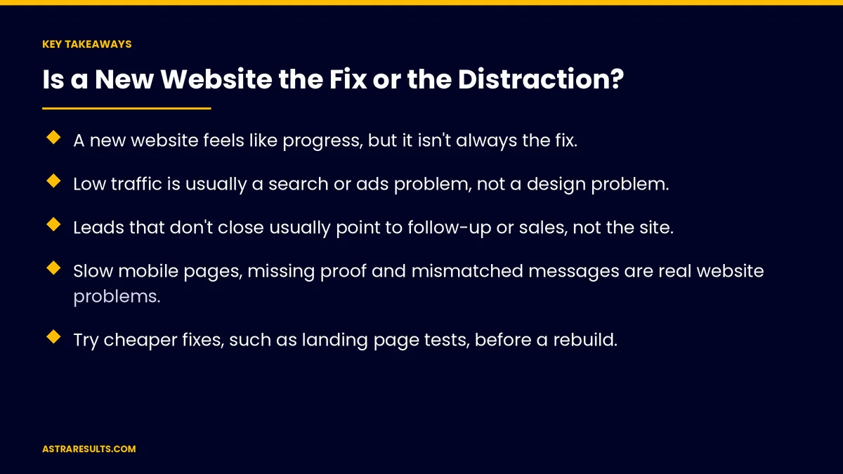 Puntos clave de "¿Un Sitio Web Nuevo es la Solución o una Distracción?" — Astra Results Marketing