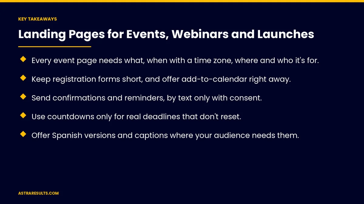 Puntos clave de "Landing Pages para Eventos, Webinars y Lanzamientos" — Astra Results Marketing