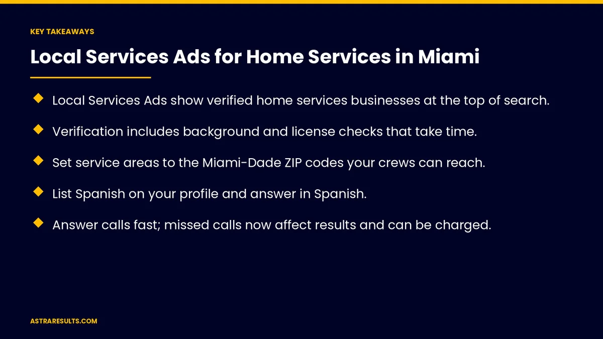 Puntos clave de "Local Services Ads para Servicios del Hogar en Miami" — Astra Results Marketing