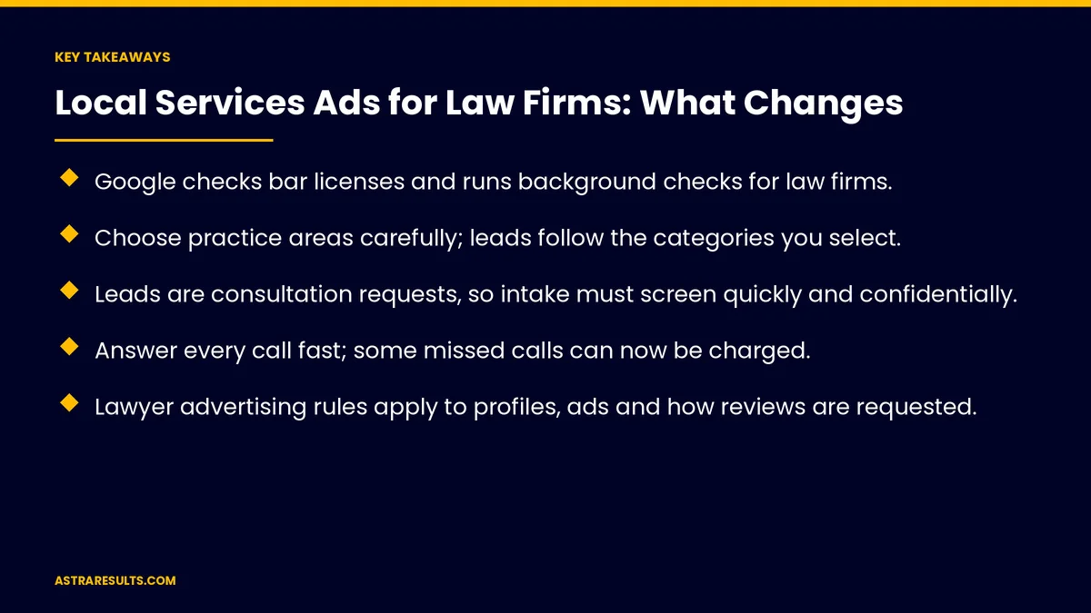 Key takeaways from "Local Services Ads for Law Firms: What Changes" &mdash; Astra Results Marketing