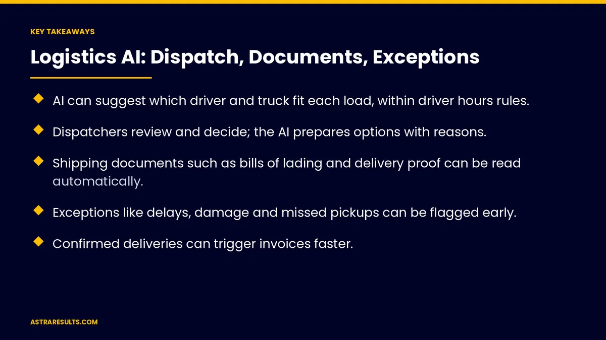 Key takeaways from "Logistics AI: Dispatch, Documents, Exceptions" &mdash; Astra Results Marketing
