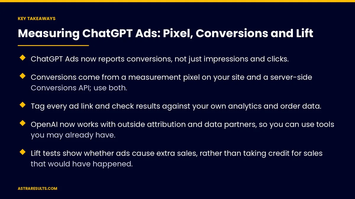 Key takeaways from "Measuring ChatGPT Ads: Pixel, Conversions and Lift" &mdash; Astra Results Marketing