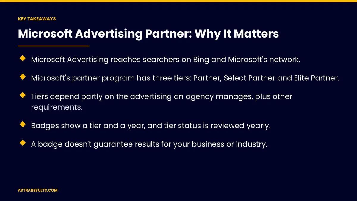 Puntos clave de "Partner de Microsoft Advertising: Por Qué Importa" — Astra Results Marketing