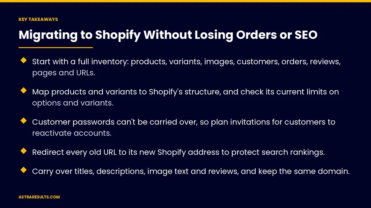 Key takeaways from "Migrating to Shopify Without Losing Orders or SEO" &mdash; Astra Results Marketing