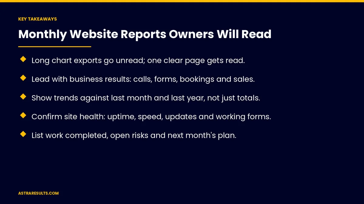 Puntos clave de "Reportes Mensuales del Sitio Web que los Dueños Sí Leen" — Astra Results Marketing