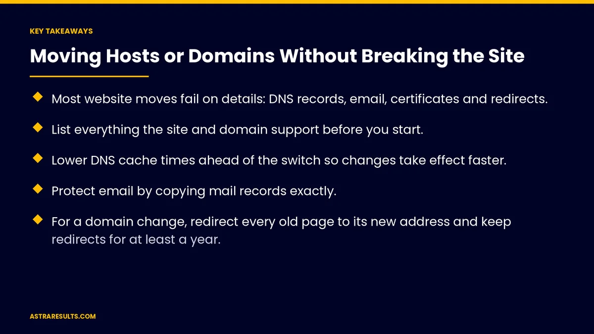 Key takeaways from "Moving Hosts or Domains Without Breaking the Site" &mdash; Astra Results Marketing