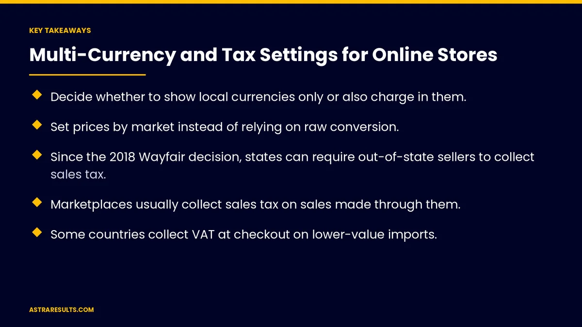 Key takeaways from "Multi-Currency and Tax Settings for Online Stores" &mdash; Astra Results Marketing