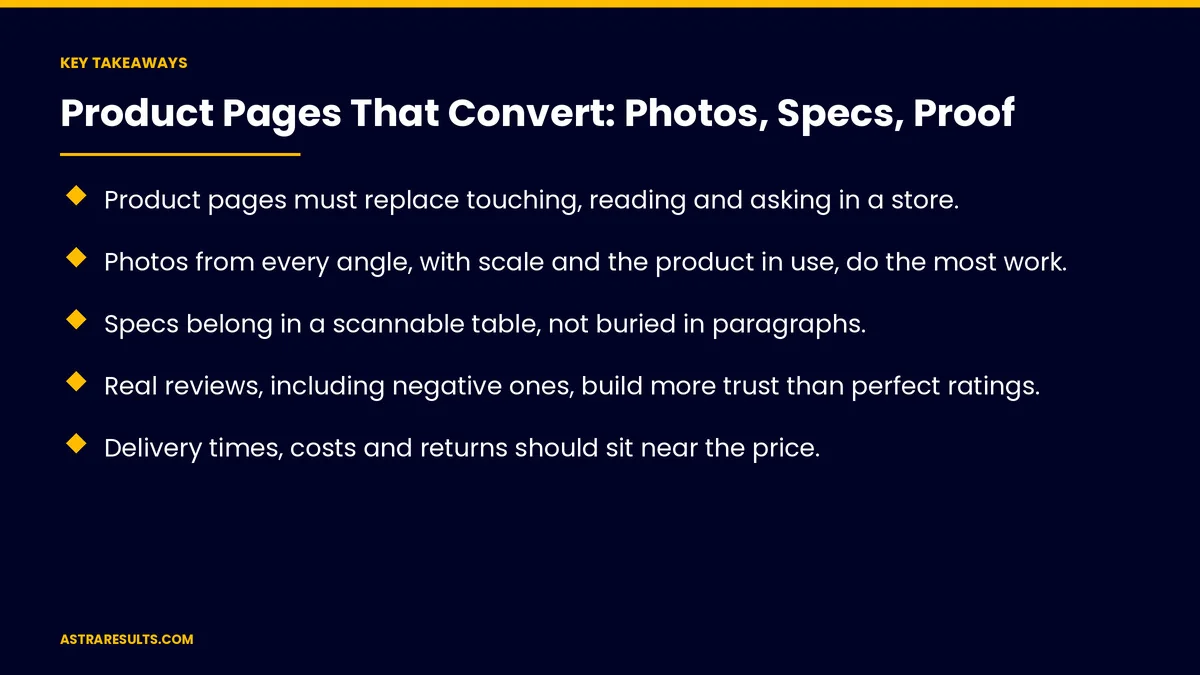 Key takeaways from "Product Pages That Convert: Photos, Specs, Proof" &mdash; Astra Results Marketing