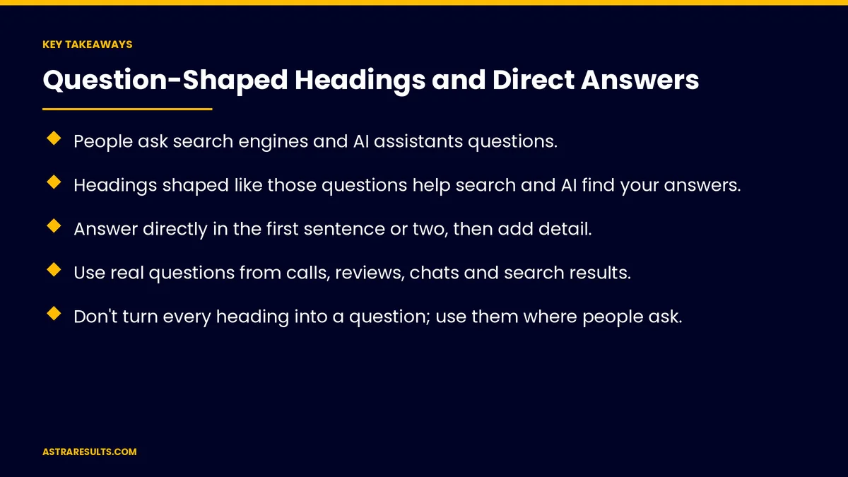 Key takeaways from "Question-Shaped Headings and Direct Answers" &mdash; Astra Results Marketing