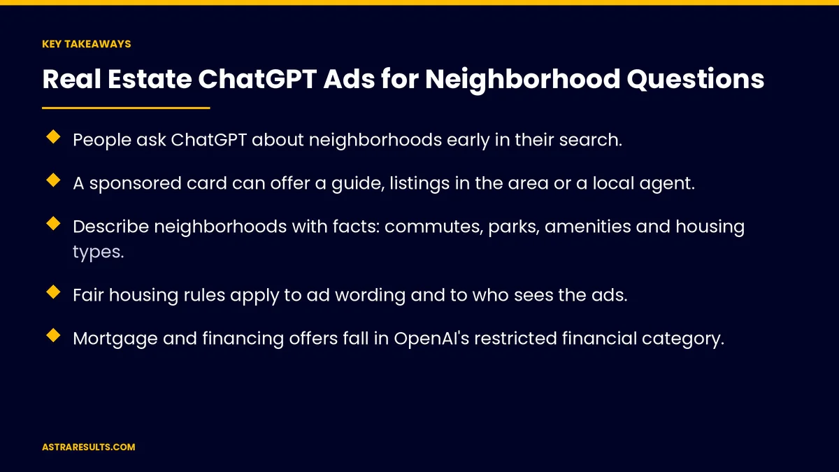 Key takeaways from "Real Estate ChatGPT Ads for Neighborhood Questions" &mdash; Astra Results Marketing