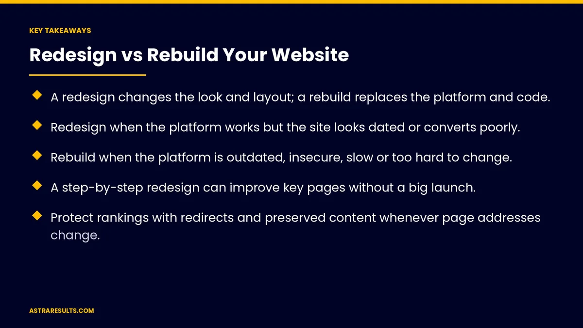 Key takeaways from "Redesign vs Rebuild Your Website" &mdash; Astra Results Marketing