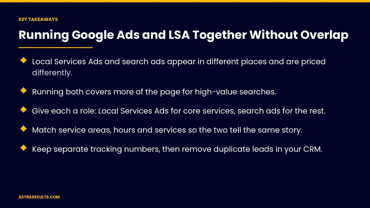 Key takeaways from "Running Google Ads and LSA Together Without Overlap" &mdash; Astra Results Marketing