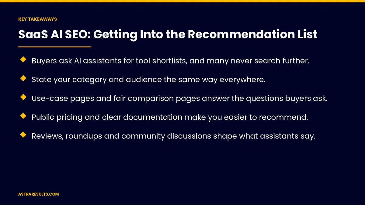 Puntos clave de "SEO con IA para SaaS: Cómo Entrar en la Lista de Recomendaciones"