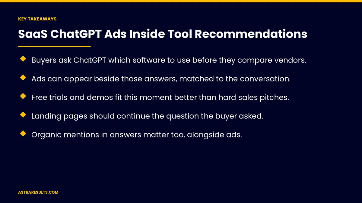 Key takeaways from "SaaS ChatGPT Ads Inside Tool Recommendations" &mdash; Astra Results Marketing