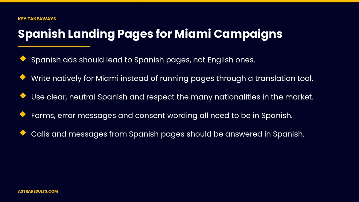 Key takeaways from "Spanish Landing Pages for Miami Campaigns" &mdash; Astra Results Marketing