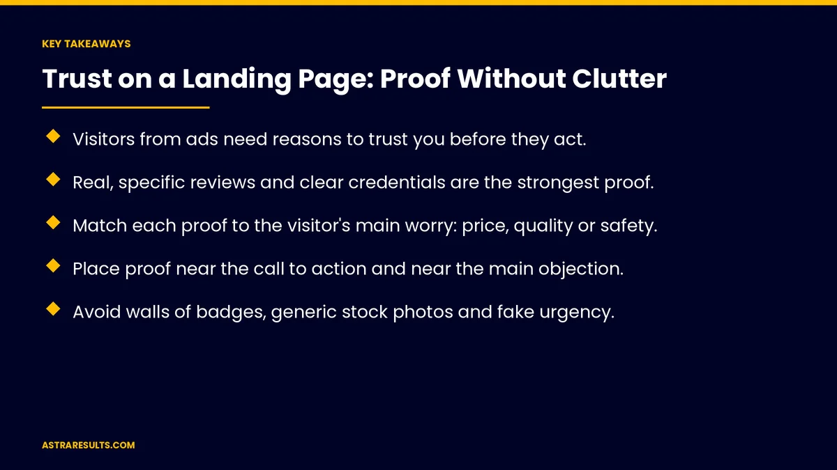 Key takeaways from "Trust on a Landing Page: Proof Without Clutter" &mdash; Astra Results Marketing