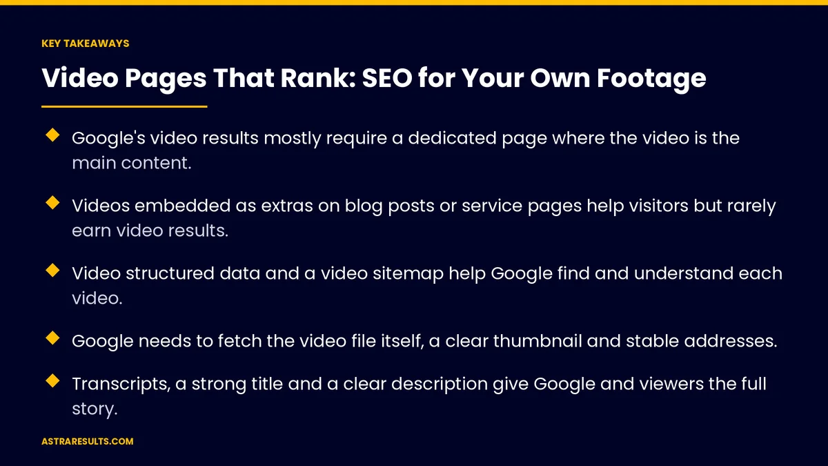 Key takeaways from "Video Pages That Rank: SEO for Your Own Footage" &mdash; Astra Results Marketing