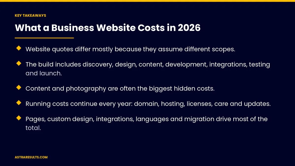 Key takeaways from "What a Business Website Costs in 2026" &mdash; Astra Results Marketing