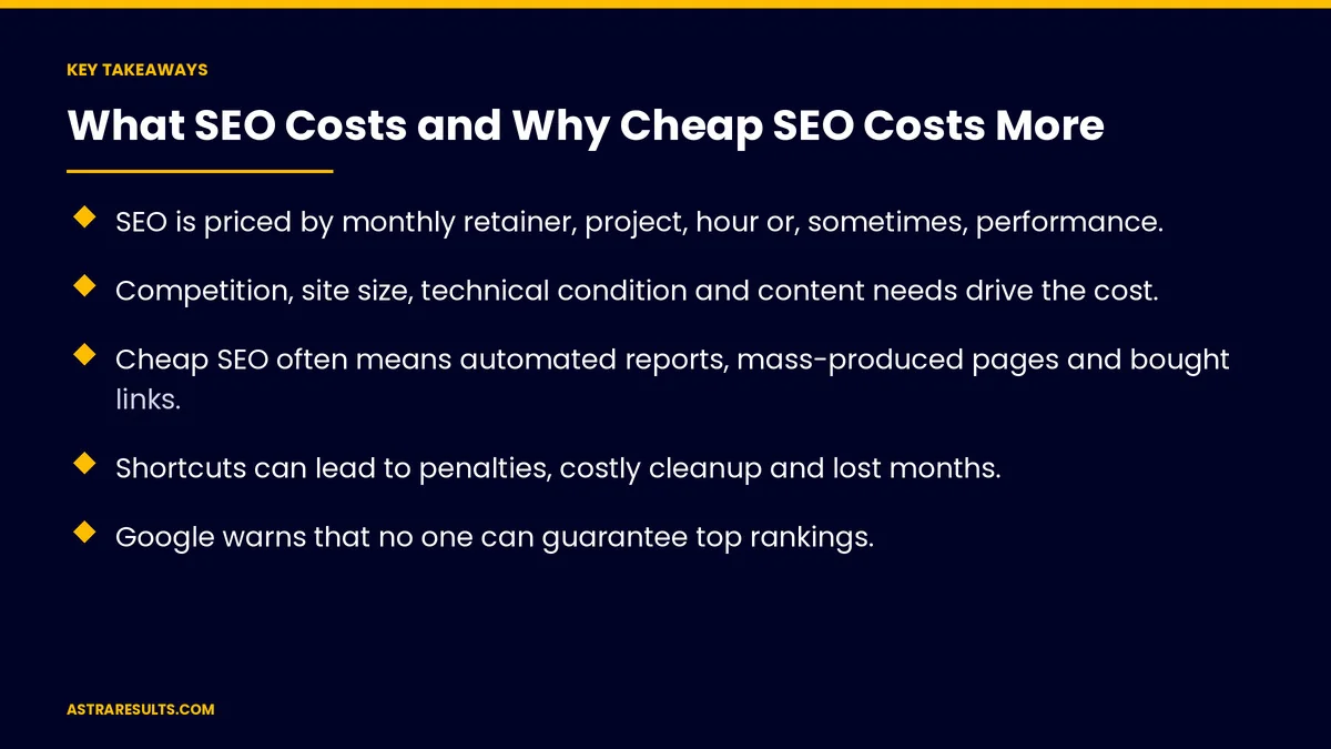 Key takeaways from "What SEO Costs and Why Cheap SEO Costs More" &mdash; Astra Results Marketing