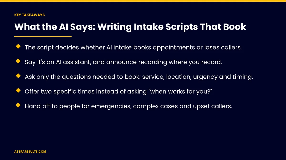 Key takeaways from "What the AI Says: Writing Intake Scripts That Book" &mdash; Astra Results Marketing