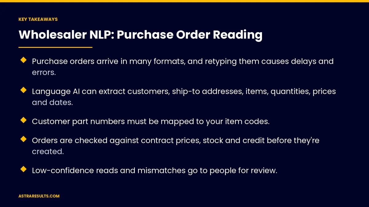 Key takeaways from "Wholesaler NLP: Purchase Order Reading" &mdash; Astra Results Marketing