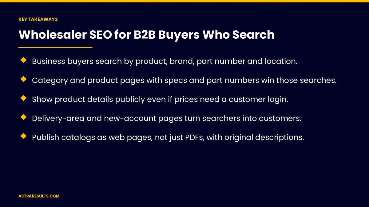 Puntos clave de "SEO para Mayoristas: Compradores B2B que Buscan en Línea" — Astra Results Marketing