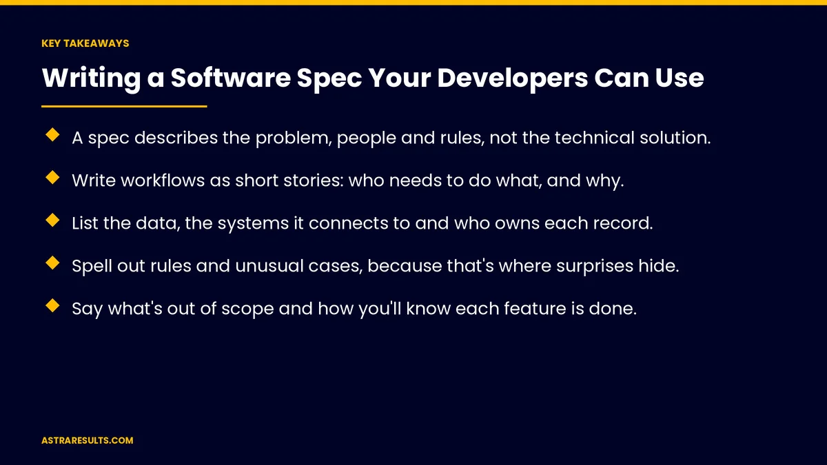 Key takeaways from "Writing a Software Spec Your Developers Can Use" &mdash; Astra Results Marketing