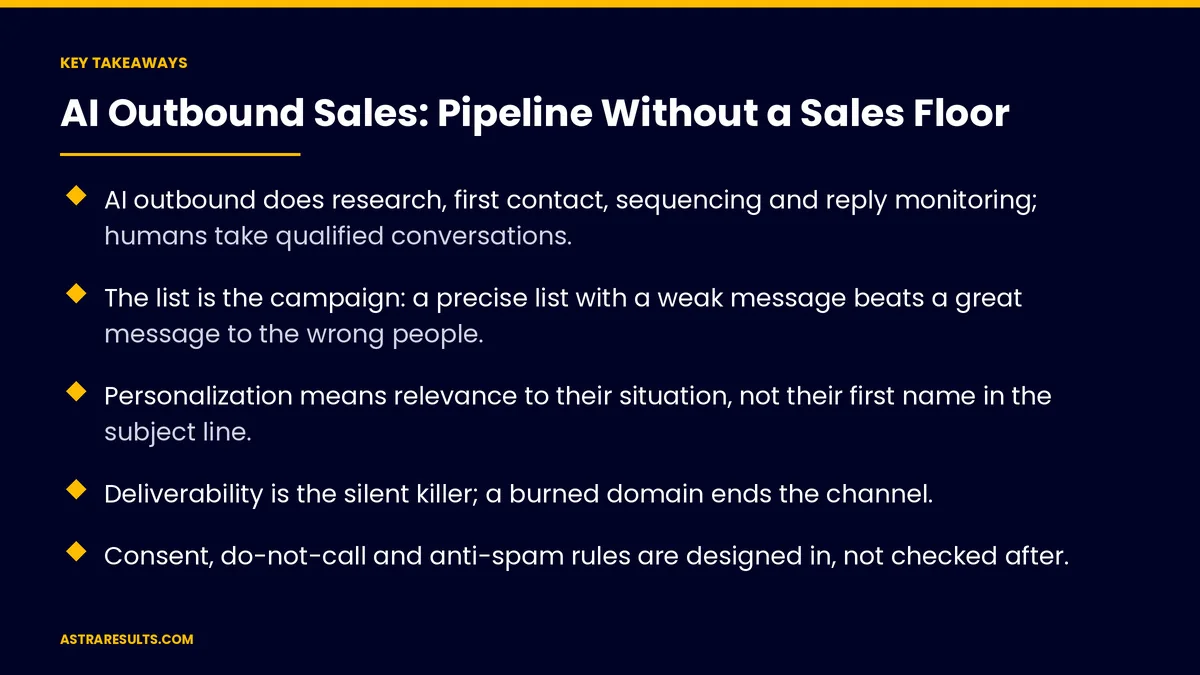Puntos clave de "Ventas Salientes con IA: Pipeline Sin Equipo de Ventas" — Astra Results Marketing