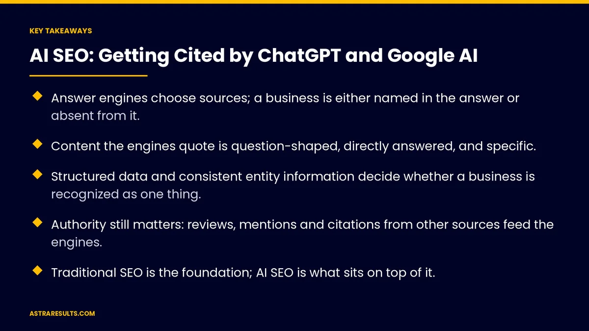 Puntos clave de "SEO para IA: Cómo ser Citado por ChatGPT y Google" — Astra Results Marketing