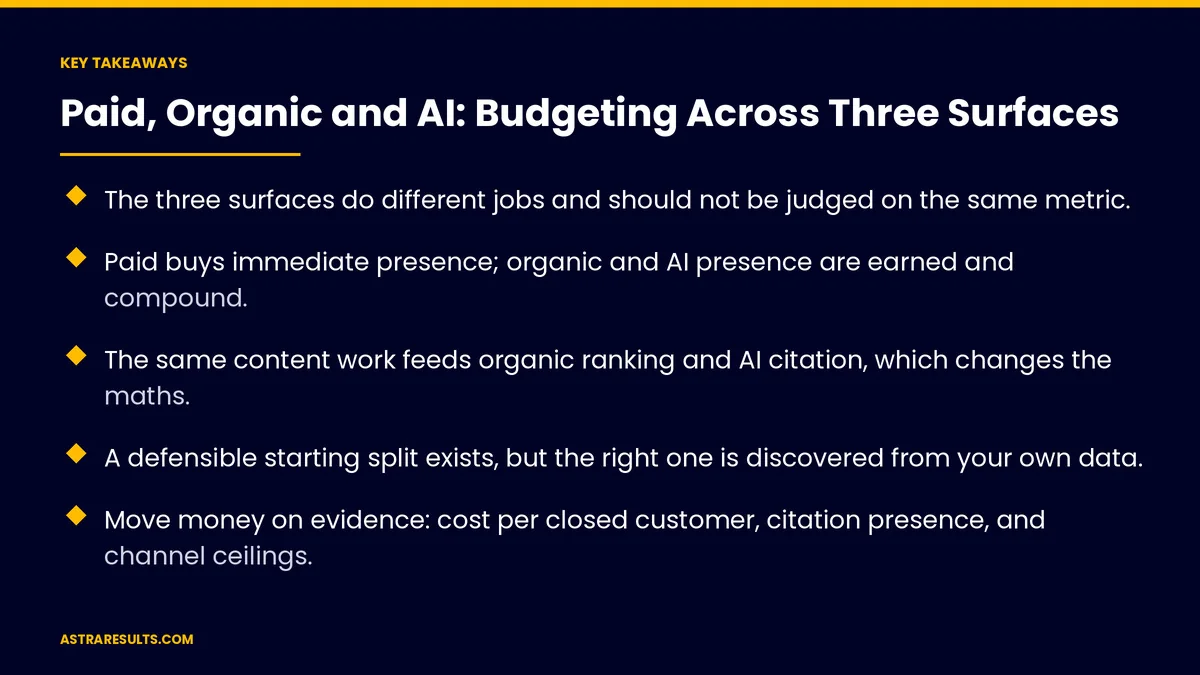 Puntos clave de "Pago, Orgánico e IA: Presupuesto en Tres Superficies" — Astra Results Marketing