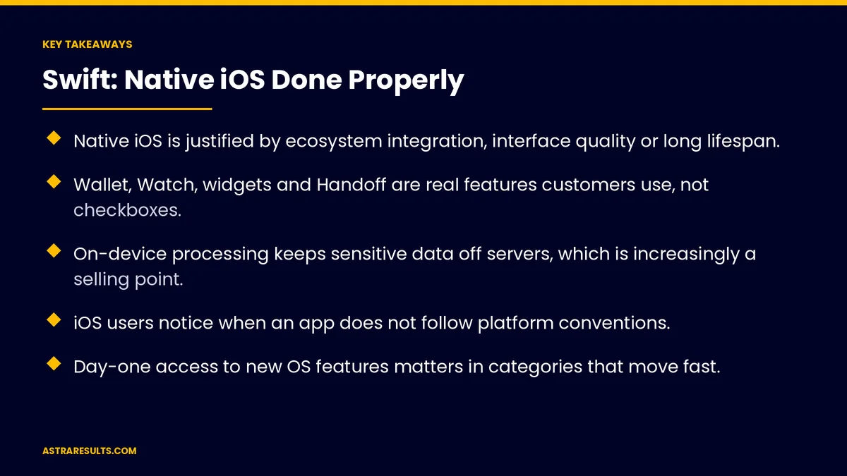 Puntos clave de "Swift: iOS Nativo Hecho Como Corresponde" — Astra Results Marketing